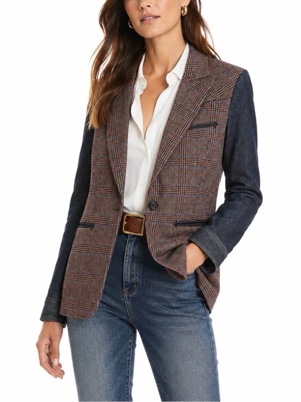 Veronica Beard Mela Denim Sleeve Dickey Jacket Plaid Blazer 10 Wool Silk Preppy